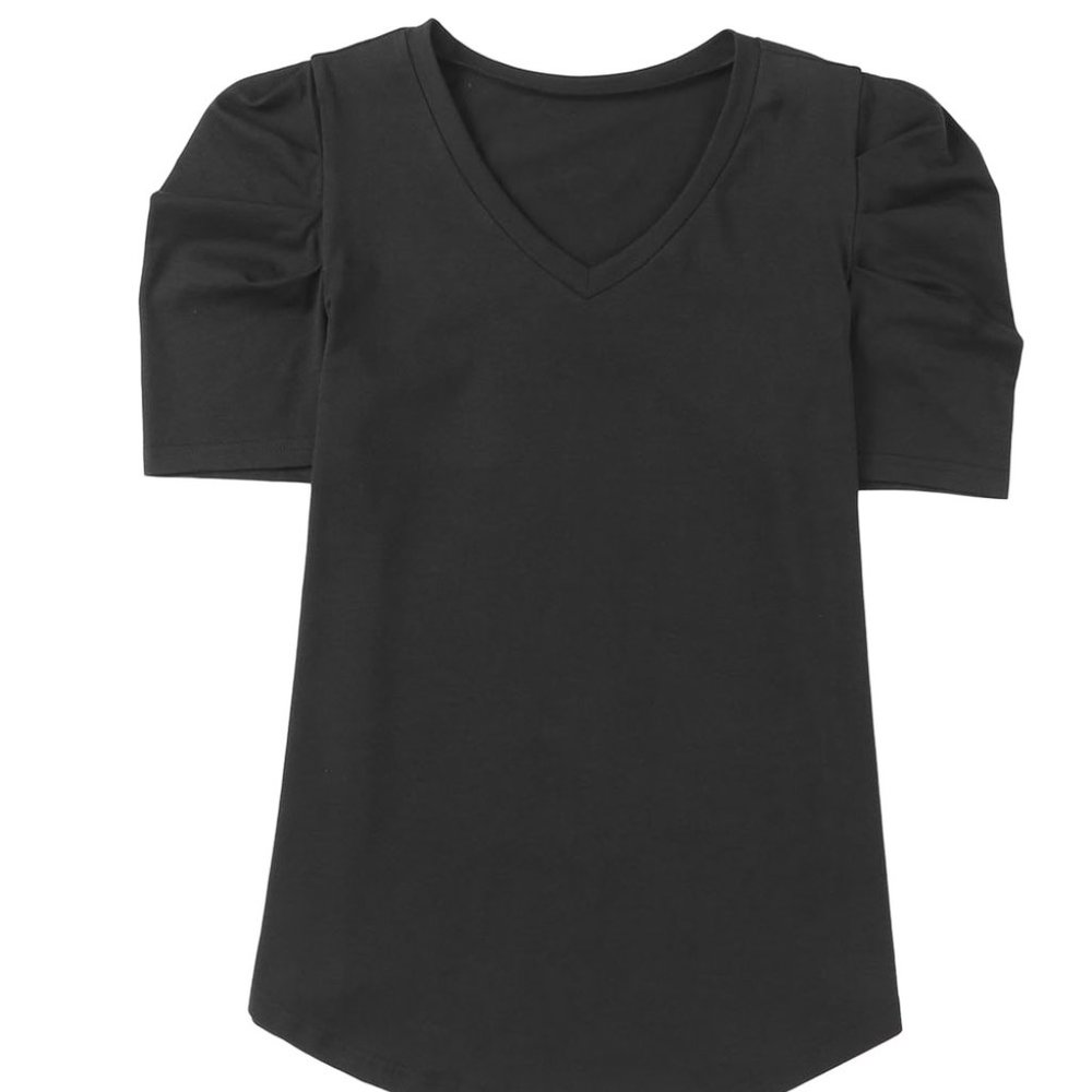Black Puff Sleeve Casual V Neck T-Shirt - Picture 7 of 11